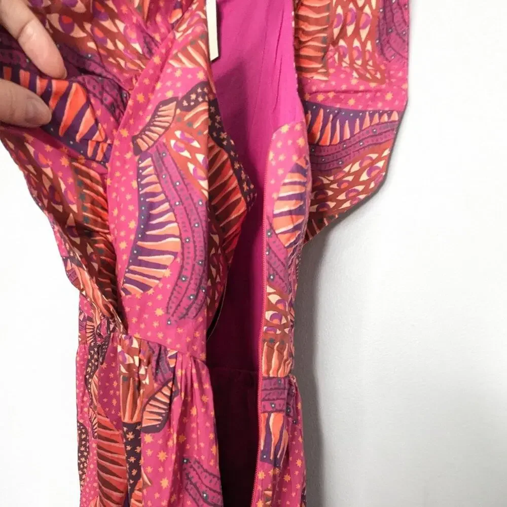 Farm Rio Pink Wild Bananas Print Ruffled Cotton Midi Dress New with Defect M